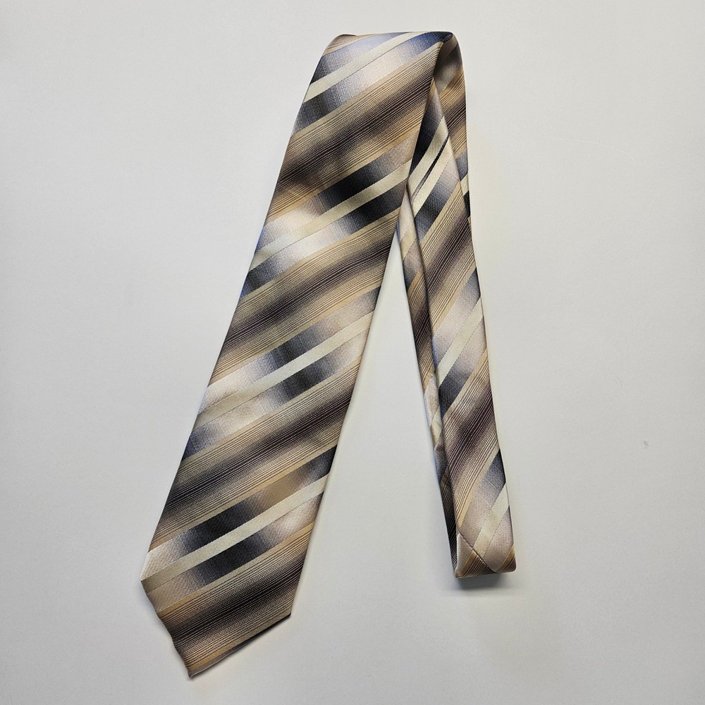 Florence Italy Mens Silk Necktie Beige Grey Cream Diagonal Striped Made in Italy